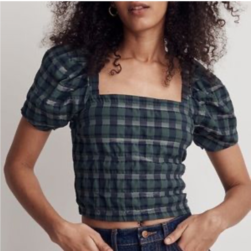 Madewell Hopewell puff sleeve‎ Crop Top in plaid XXS